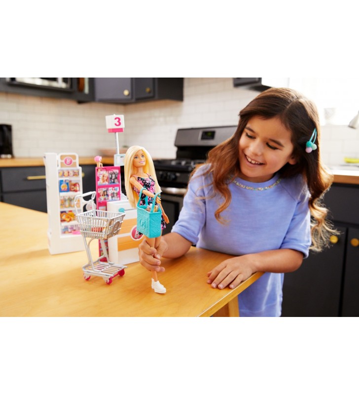 Mattel Games Barbie- Bambola, Supermercato, Carrello Funzionante e Tanti Accessori, FRP01