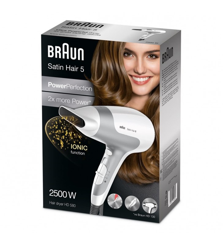 Braun Silk-épil 5 HD580 asciuga capelli 2500 W Argento, Bianco