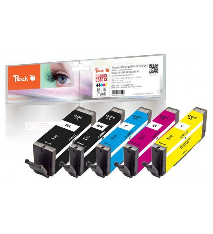 Peach PI100-378 cartuccia d'inchiostro 5 pz Compatibile Resa elevata (XL) Nero, Ciano, Magenta, Giallo