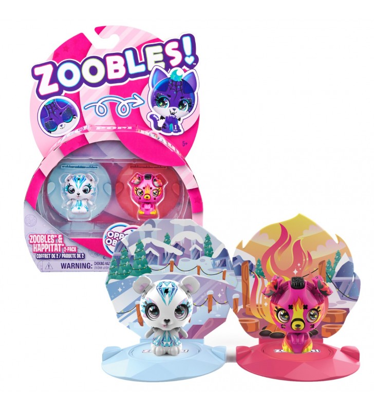Zoobles Confezione da 2 personaggi da collezione trasformabili, orso polare Icy e cagnolino Firey, e accessori Happitat