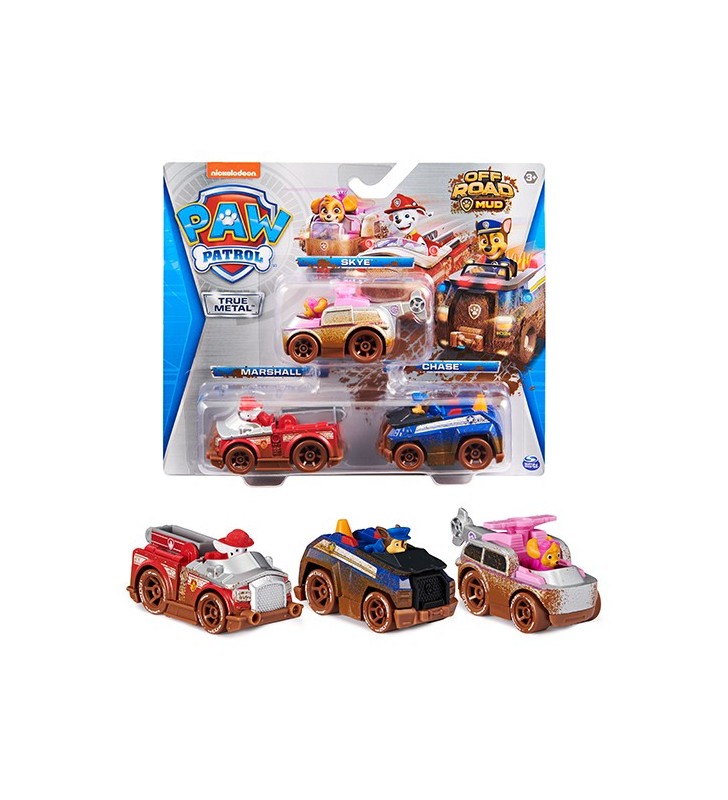 PAW Patrol True Metal Off-Road Mud, confezione da 3 con macchinine giocattolo di Skye, Chase e Marshall, scala 1:55, giocattoli