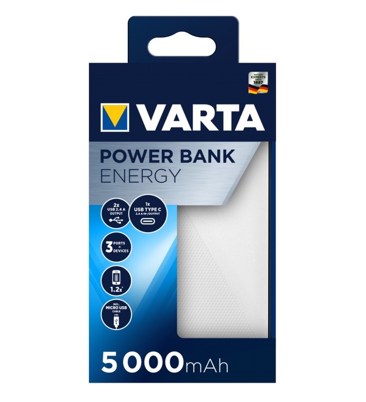 Varta Energy 5000 batteria portatile Polimeri di litio (LiPo) 5000 mAh Nero, Bianco