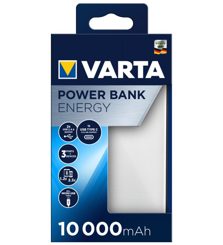 Varta Energy 10000 batteria portatile Polimeri di litio (LiPo) 10000 mAh Nero, Bianco