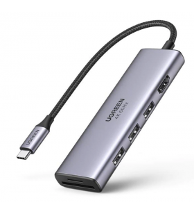 DOCKING Station Ugreen, "CM511" conectare PC USB Type-C, USB 3.0 x 3|HDMI x 1/4K/60Hz|Card reader x 1, aluminiu, gri "60383" (include TV 0.8lei) - 6957303863839