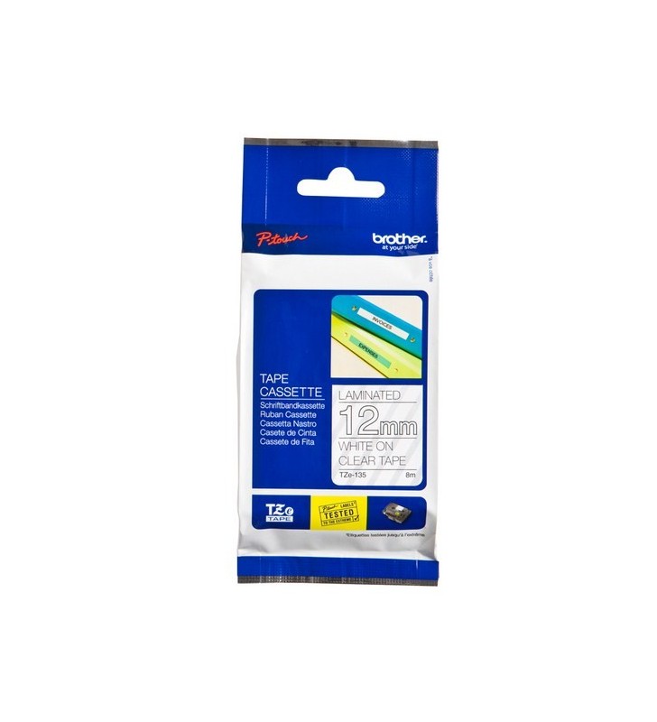 TZE-135 LAMINATED TAPE 12MM 8M/WHITE ON CLEAR