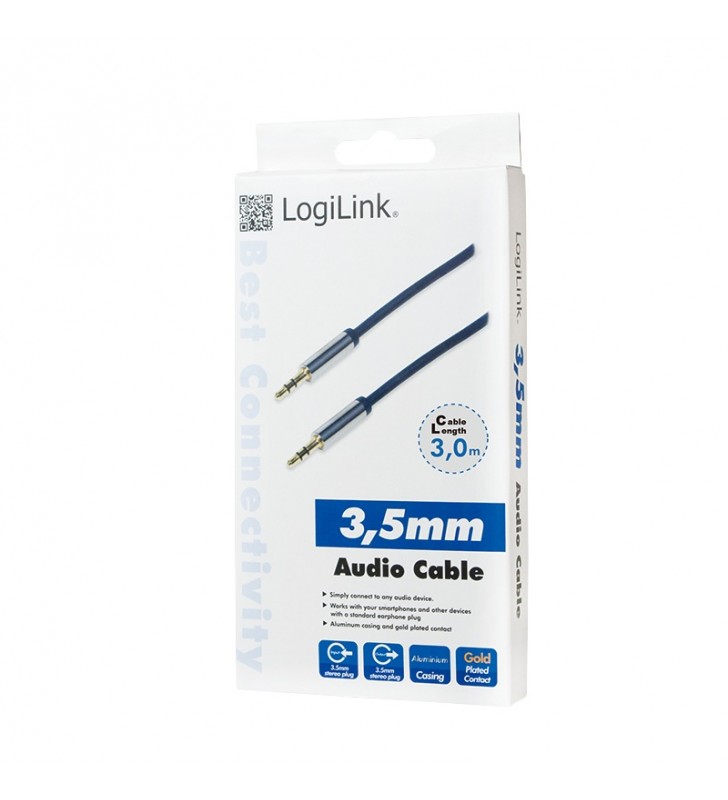 CABLU audio LOGILINK  stereo (3.5 mm jack T/T), 3m, conectori auriti, albastru "CA10300"