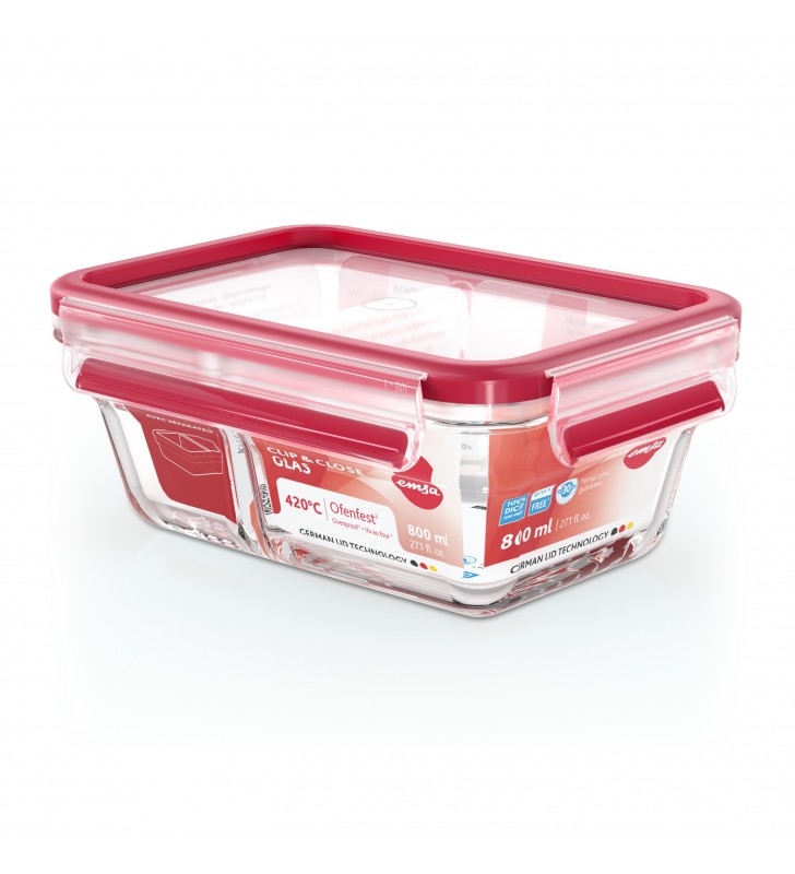 EMSA CLIP & CLOSE N1040700 recipiente per cibo Rettangolare Scatola 0,8 L Rosso, Trasparente 1 pz