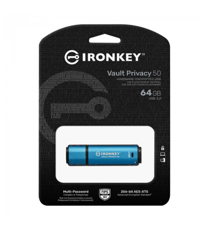 Kingston IronKey Vault Privacy 50 USB Memory, 16GB, blue Vault Privacy 50 supports multi-password (Admin, User, and One-Time Recovery) option with Complex or Passphrase modes