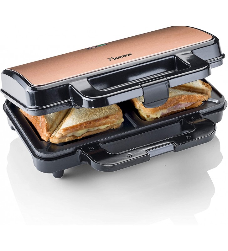Bestron XL Sandwich Maker, Non-Stick Sandwich Toaster for 2 Sandwiches, 900 Watt, Black/Copper