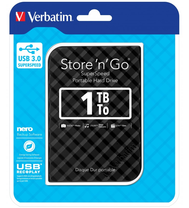 Verbatim Store 'n' Go hard-disk-uri externe 1000 Giga Bites Negru