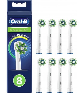 Oral-B Cross Action Electric Toothbrush Head with CleanMaximiser Technology, Angled Bristles for Deeper Plaque Removal, Pack of 8, Suitable for Mailbox, White, Multi
