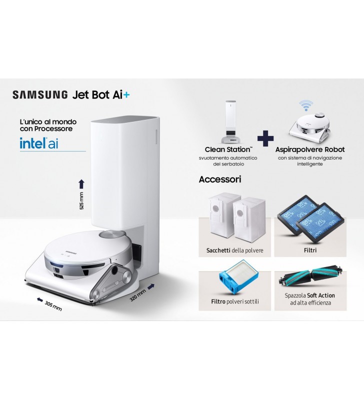 Samsung Jet Bot AI+ aspirapolvere robot 0,2 L Senza sacchetto Argento, Bianco