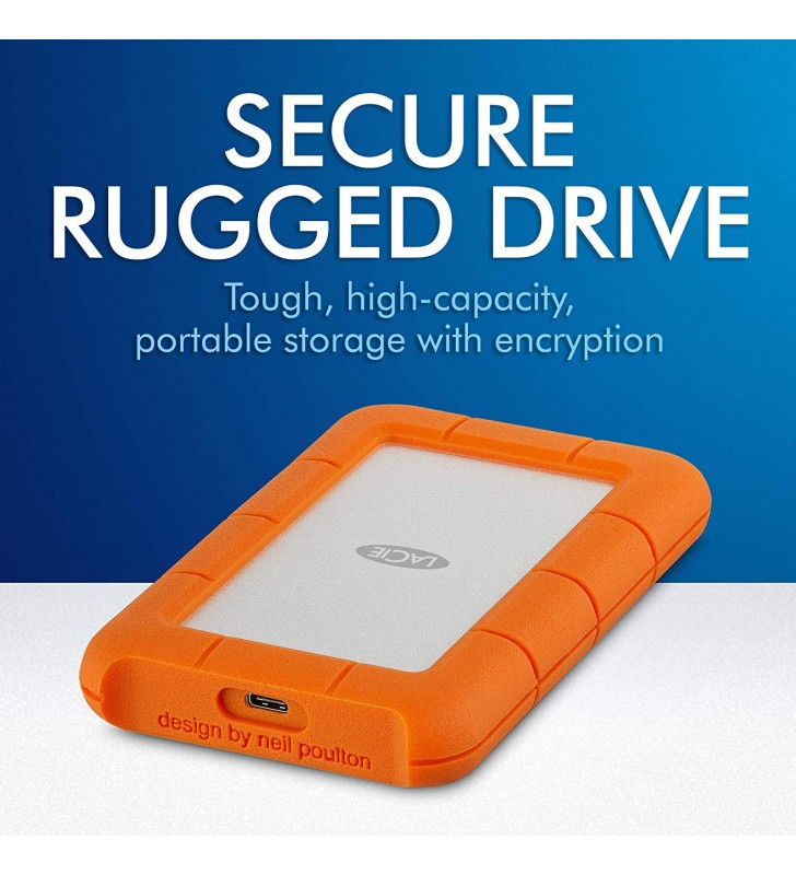 LaCie Rugged Secure 2TB External Hard Drive Portable HDD – USB-C USB 3.0 Drop Shock Dust Rain Resistant Computer Desktop Workstation