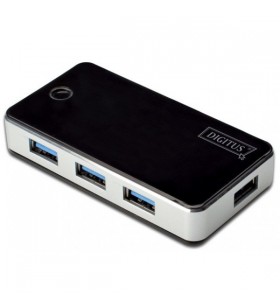 DIGITUS USB 3.0, 4-ports HUB black, 4xUSB A/F,1xUSB A/F, Cable AM-AM 1.2M incl. Power Supply 5V 3.5A.