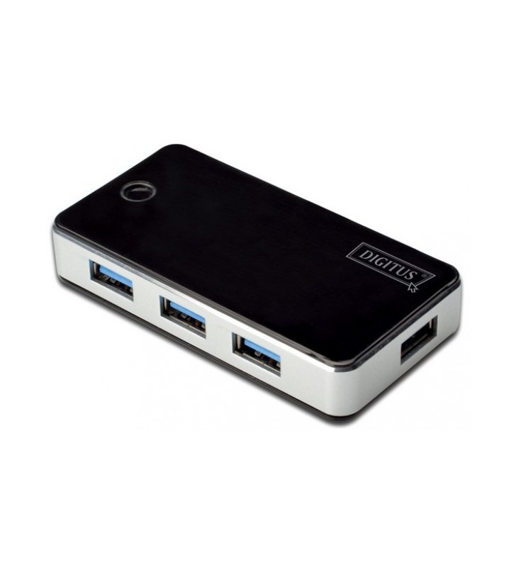 DIGITUS USB 3.0, 4-ports HUB black, 4xUSB A/F,1xUSB A/F, Cable AM-AM 1.2M incl. Power Supply 5V 3.5A.