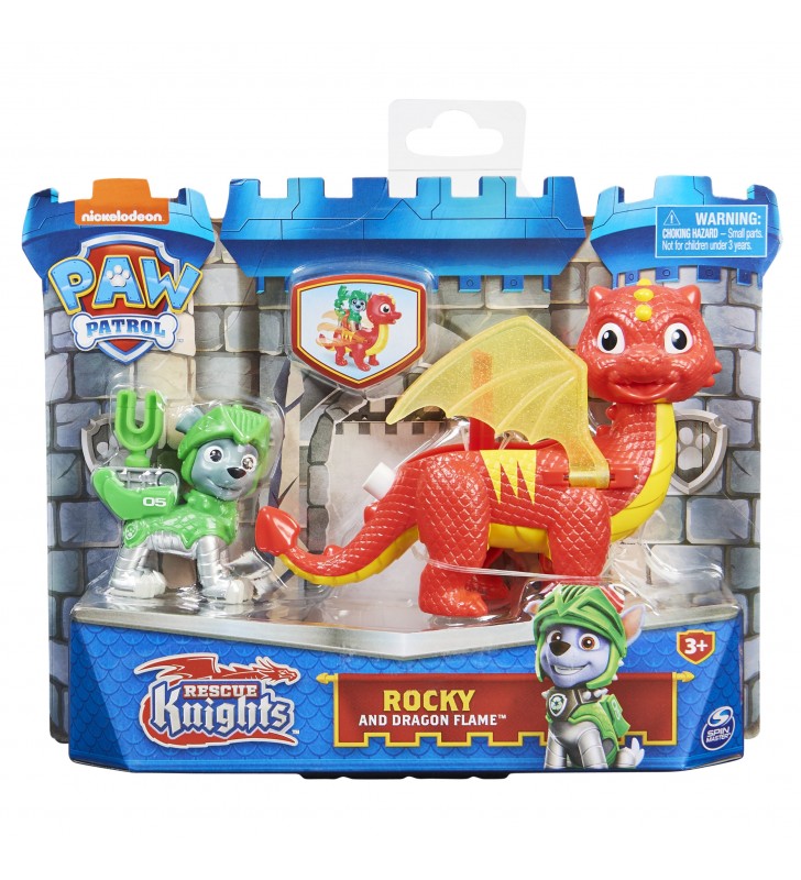 PAW Patrol Set di action figure Rocky and Dragon Flame Rescue Knights, giocattoli per bambini dai 3 anni in su