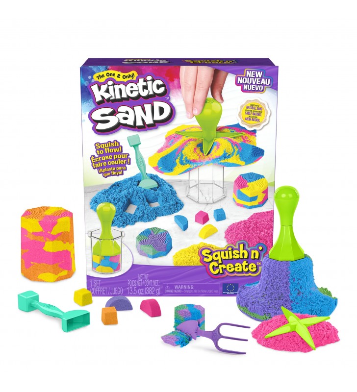 Kinetic Sand , Set Gioco Squish N’ Create, Sabbia colorata in 3 variazioni, Sabbia cinetica 382 g, 5 accessori per modellare la
