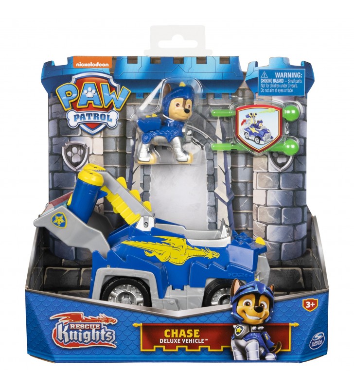 PAW Patrol Macchinina trasformabile con action figure da collezione di Chase Rescue Knights, giocattoli per bambini dai 3 anni