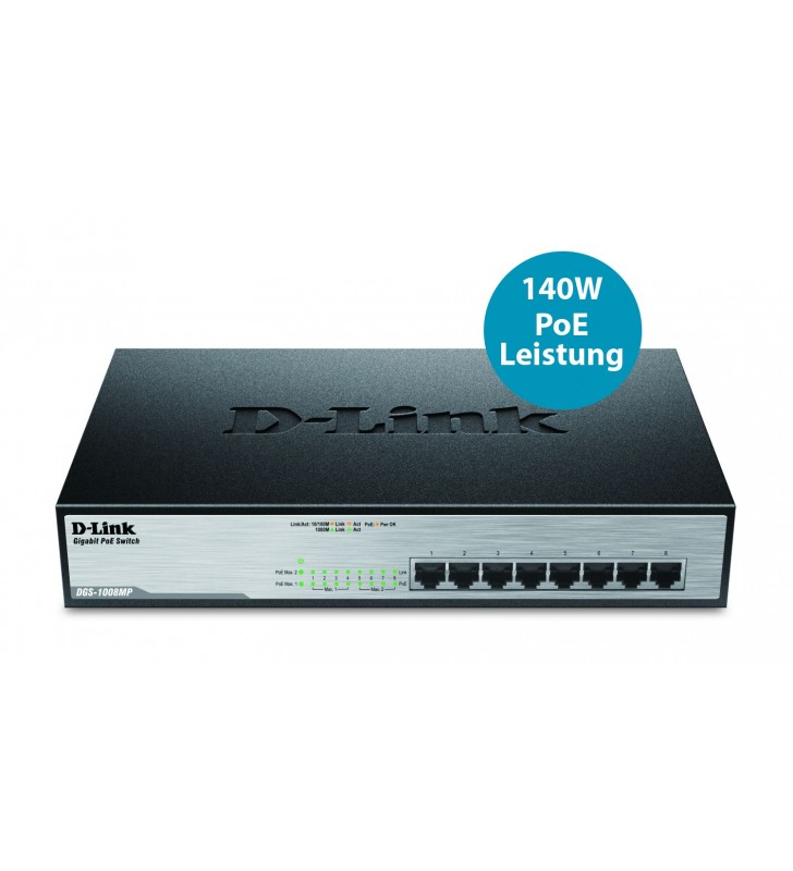D-Link DGS-1008MP switch-uri Fara management Gigabit Ethernet (10/100/1000) Negru 1U Power over Ethernet (PoE) Suport