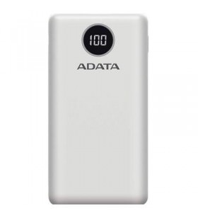 POWER BANK ADATA 20000mAh, 2 x USB &amp 1 x USB-C, digital display pt. status baterie, P20000QCD 20.000 mAh, total 3A, white, "AP20000QCD-DGT-CWH" (include timbru verde 0.5 lei)
