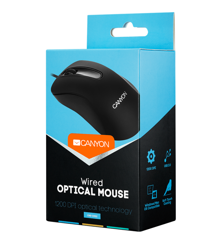 CANYON Wired Optical Mouse with 3 buttons, 1200 DPI optical technology for precise tracking, black, cable length 1.5m, 108*65*38mm, 0.076kg