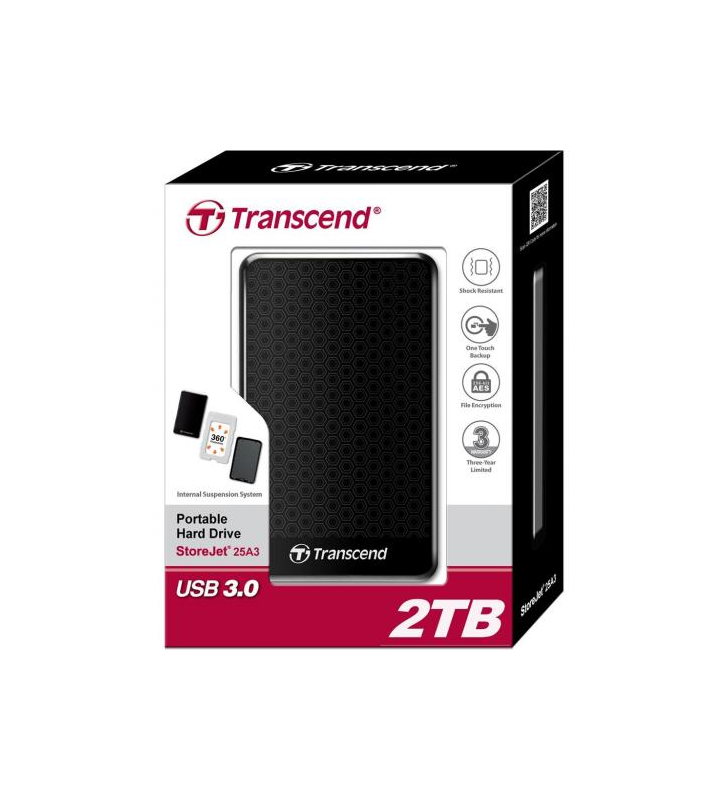 TRANSCEND TS2TSJ25A3K Transcend StoreJet 25A3 2TB USB 2.0/3.0 2,5 HDD antishock / fast backup