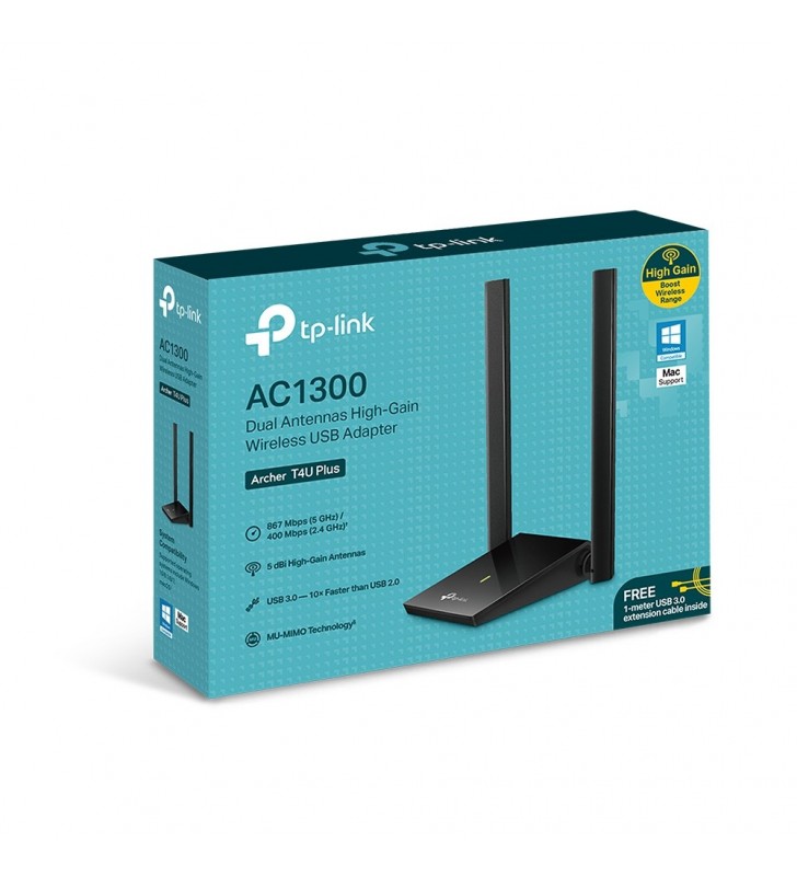ADAPTOR RETEA TP-LINK AC1300, extern wireless 2.4 GHz | 5 GHz, USB 3.0, port, 867 Mbps, antena externa x 2, "Archer T4U Plus"