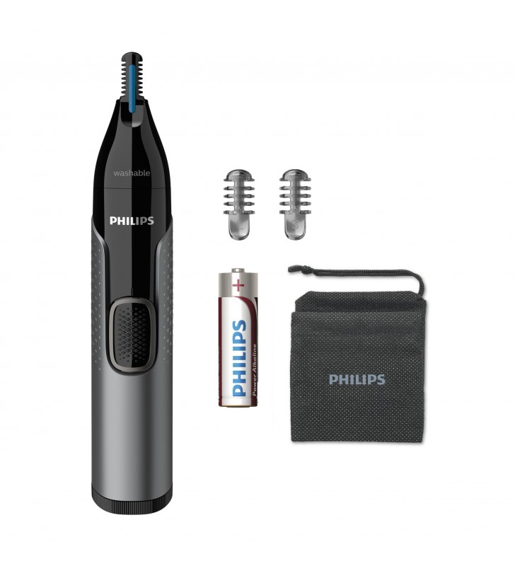 Trimmer pentru nas/urechi Philips, baterie, lavabil, tehnologie Precision Trim, otel inoxidabil