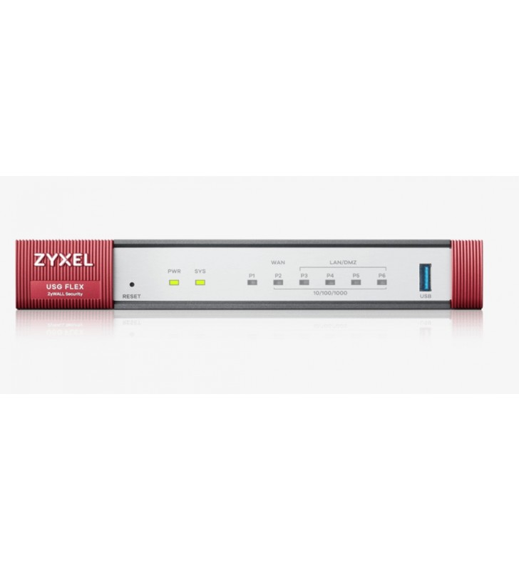 Zyxel | USGFLEX100-EU0101F|USG Flex 100| Porturi 1 x 10/100/1000 WAN |1 X USB| 1 x SFP| 4 x 10/100/1000 LAN/DMZ | Numar conexiuni VPN 30| 900 Mbps SPI Firewall Throughput | VPN| Firewall | Console RJ-45