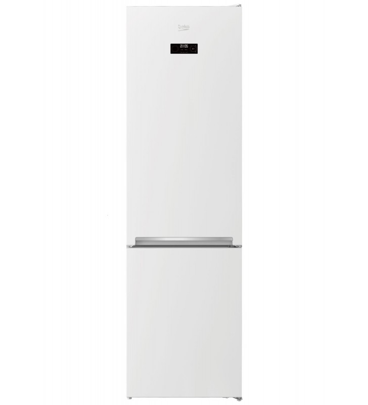 Combina frigorifica Beko, EVO (Kitchen FIT), Condensator integrat, functia "Voice recorder", vol. brut 406 l (util 253 + 109), clasa energetica E, rafturi sticla, pentru cutie legume, dimensiuni 203 x 59.5 x 66,5 (lxLxA, cm), culoare alb.