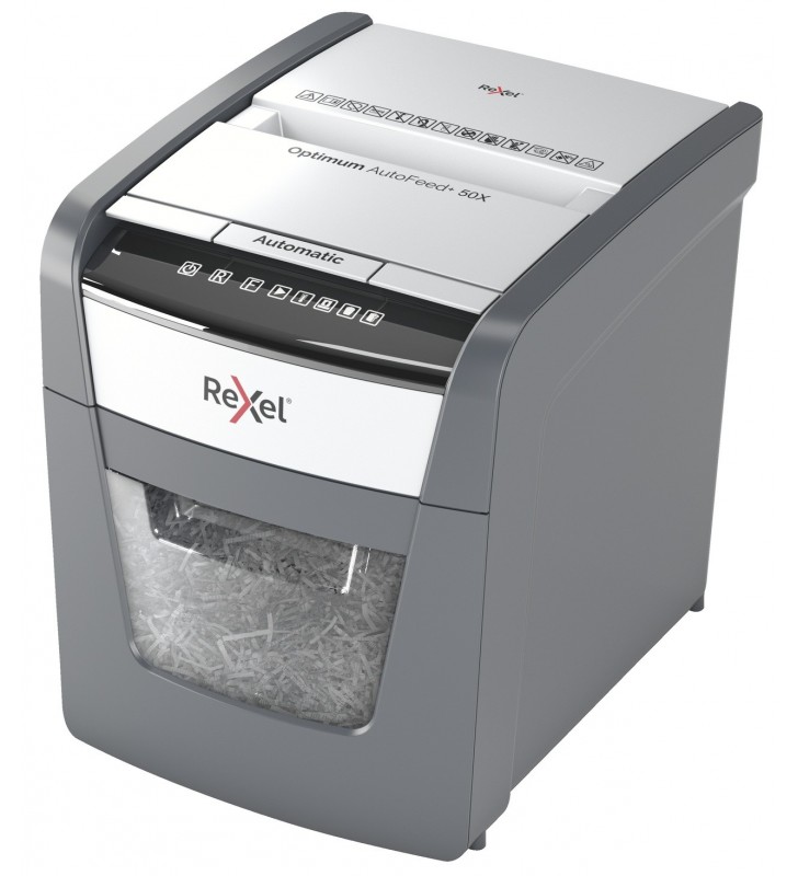 Distrugator automat documente Rexel OPTIMUM  50X ,  50 coli, P4, cross-cut (tip confeti), cos  20 litri, negru-gri, "2020050XEU"