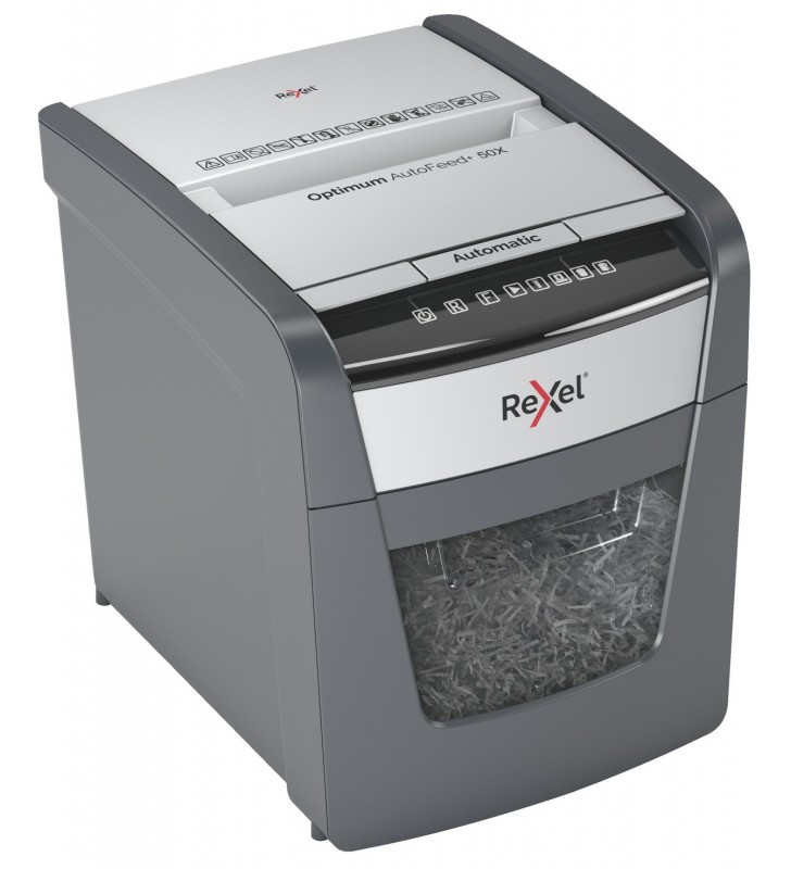 Distrugator automat documente Rexel OPTIMUM  50X ,  50 coli, P4, cross-cut (tip confeti), cos  20 litri, negru-gri, "2020050XEU"