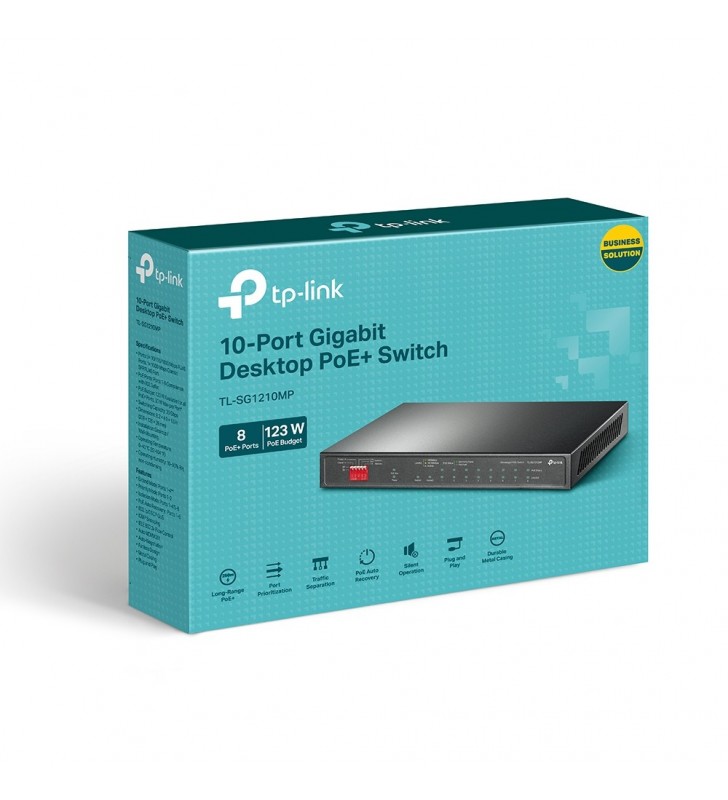 SWITCH TP-LINK 10-Port Gigabit Desktop Switch cu 8-Port PoE+, 123W total power, carcasa metal "TL-SG1210MP" (include timbru verde 1.5 lei)