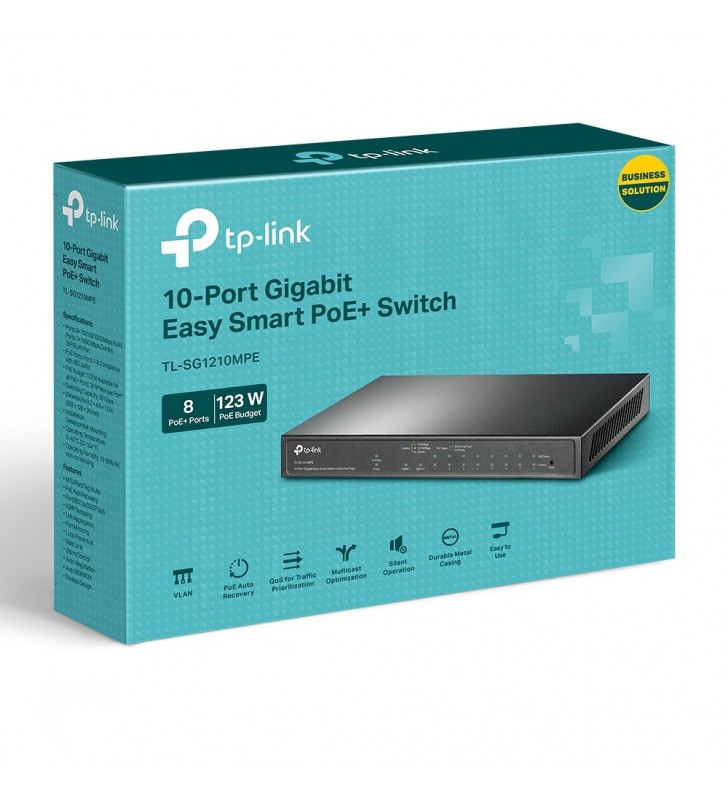 SWITCH TP-LINK 10-Port Gigabit Desktop Switch cu 8-Port PoE+, 123W total power, carcasa metal "TL-SG1210MPE" (include timbru verde 1.5 lei)