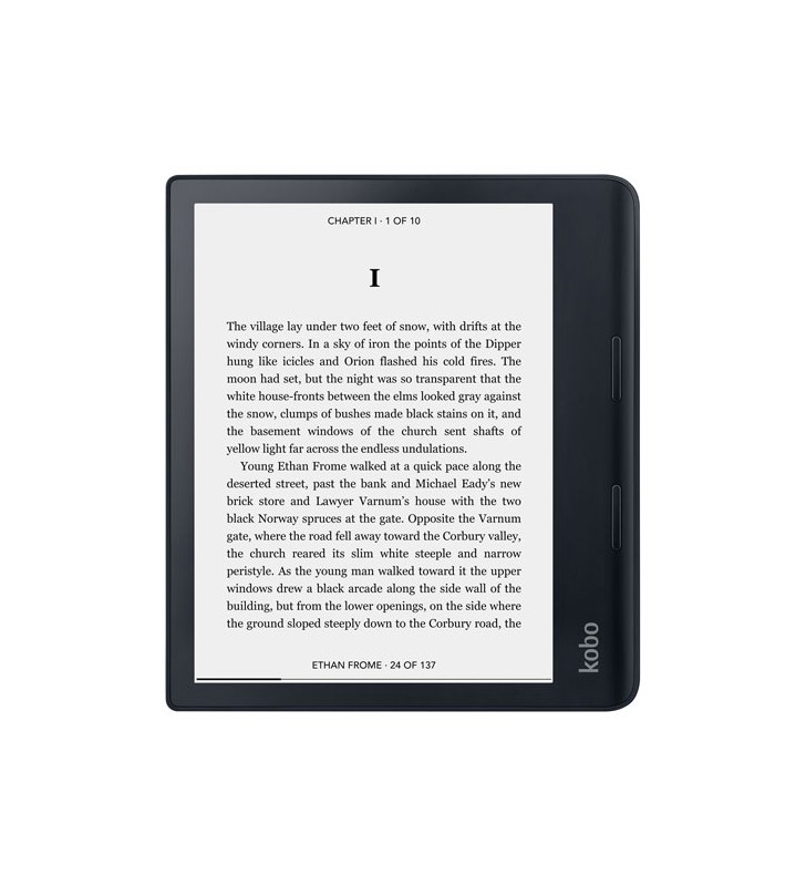 Kobo Sage e-Book Reader|E Ink flush touchscreen 8 inch|1440 x 1920|8 GB|1.8 GHz/32 GB|1 x micro USB|Greutate 0.240 kg|Wireless Da|Comfort Light PRO|IPX8 - up to 60 mins in 2 metres of water|15 file formats supported natively|Black