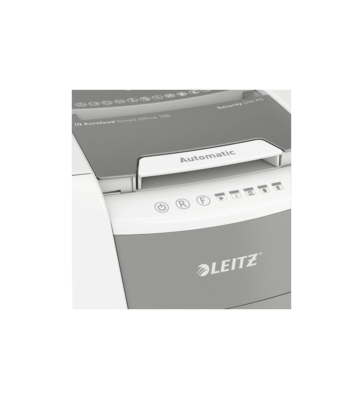 Distrugator automat documente Leitz IQ  Small Office , 100 coli, P5, micro-cut (tip particule), cos  34 litri, alb-gri, Leitz "80120000"