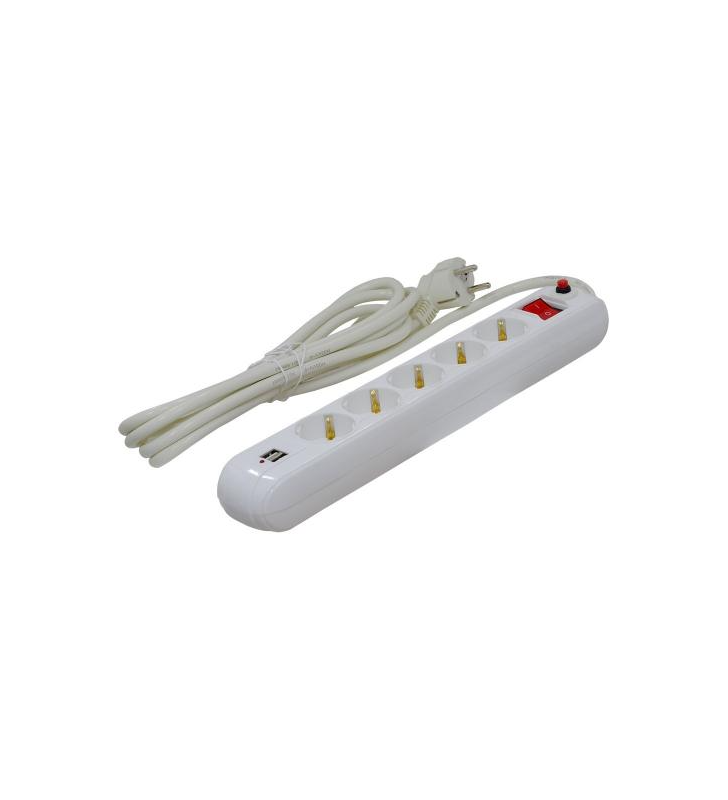 PRELUNGITOR SPACER  5 x prize Schuko, 2 x USB, 4.5m, 16A, cu intrerupator si protectie, white, Spacer Externsion, "PP-5-45 USB\