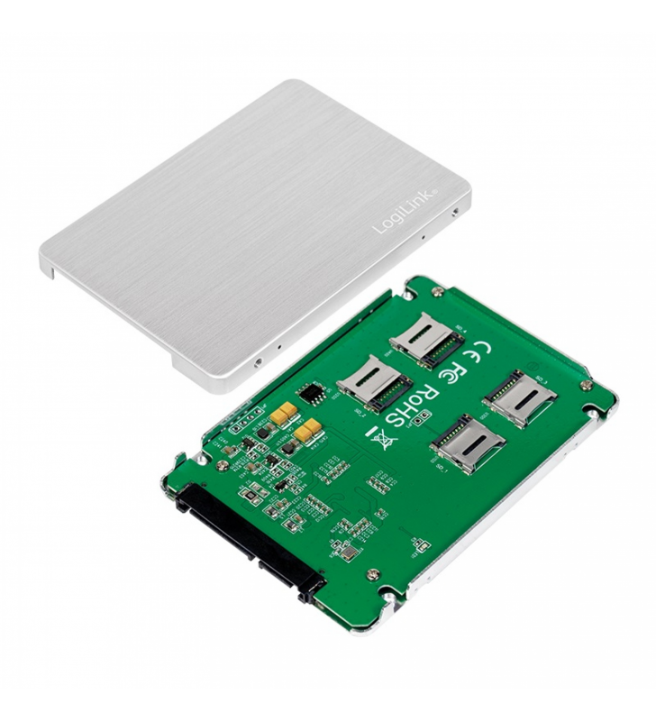 RACK extern LOGILINK, pt 4 x MicroSD, convert to 2.5 inch SSD, S-ATA, interfata PC USB 2.0, aluminiu, argintiu, "AD0022" (include TV 0.75 lei)